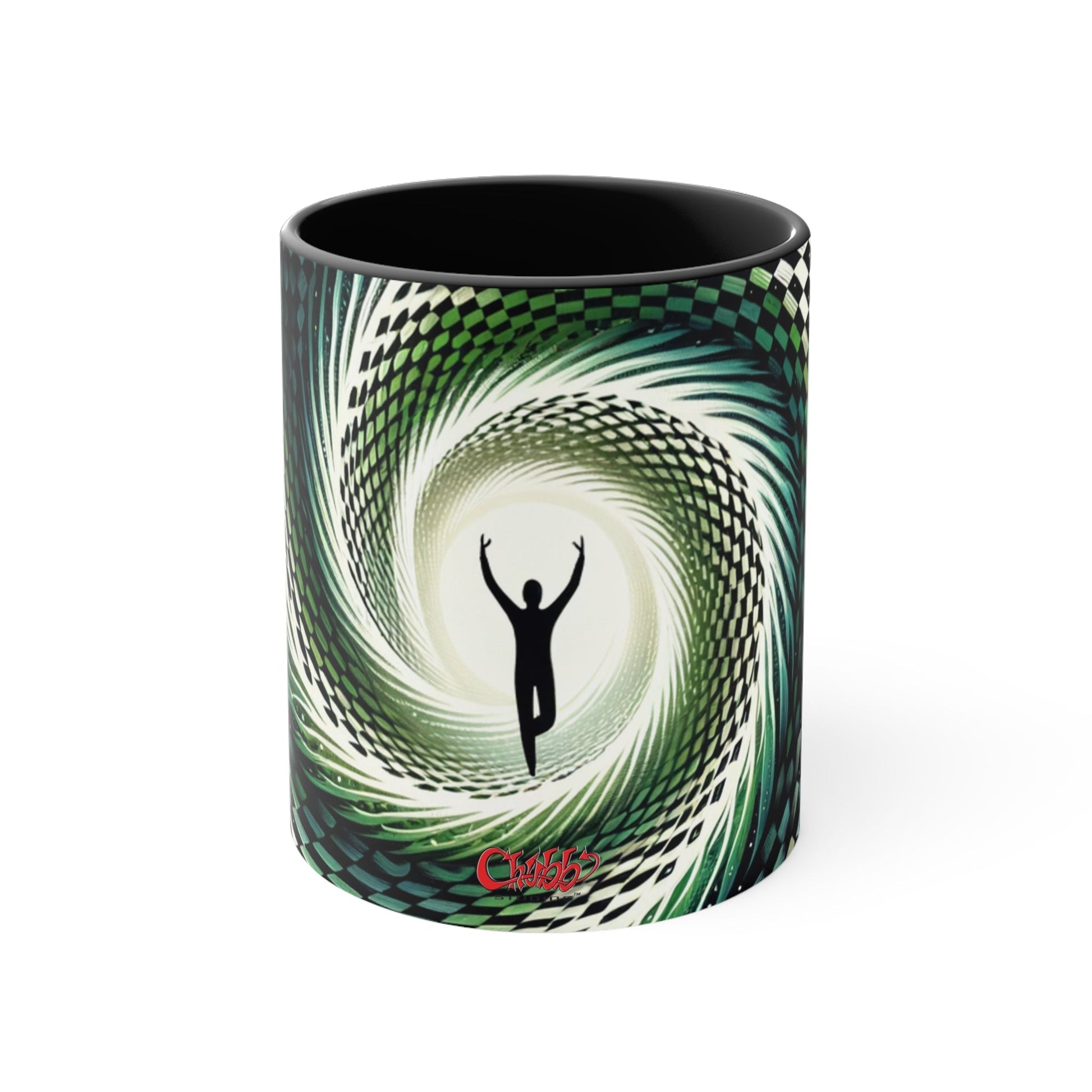 Surreal Vortex Illusion Accent Coffee Mug with Silhouetted Figure Design